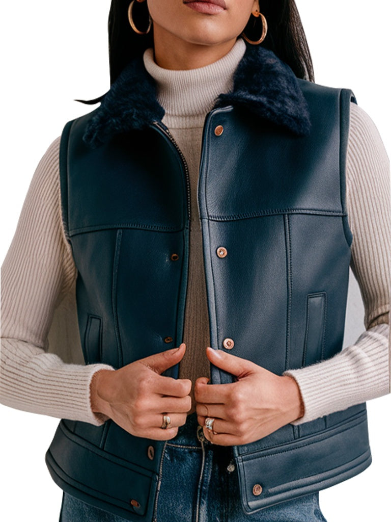 Women's Shearling Black Leather Vest