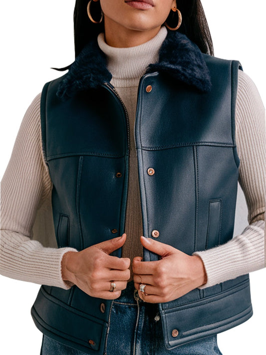 Women's Shearling Black Leather Vest