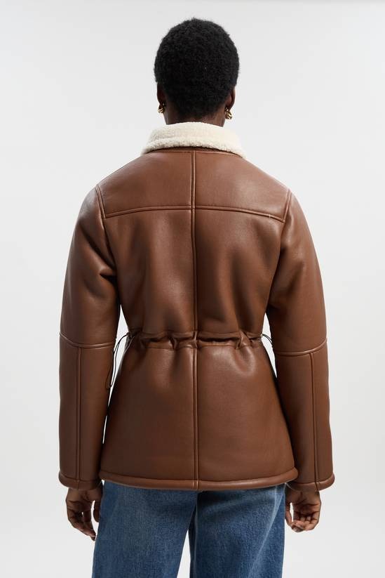 Women's Shearling Brown Leather Jacket With Button Closure