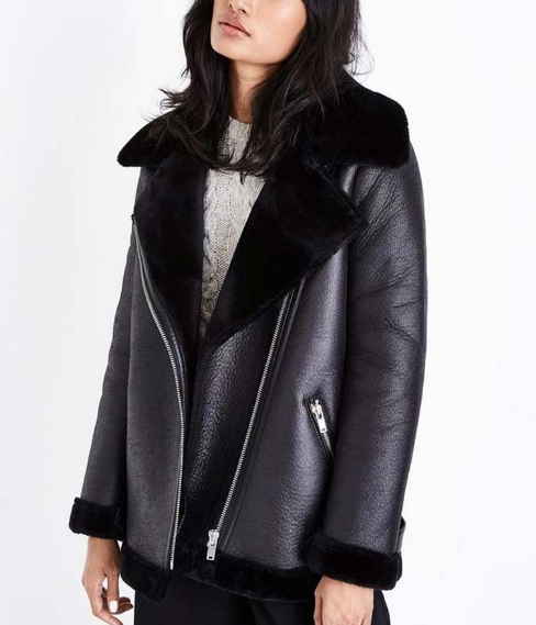 Women's Shearling Fur Bomber Leather Jacket In Black