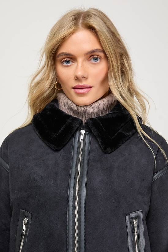 Women's Shearling Sheepskin Black Leather Jacket - Arcane Fox