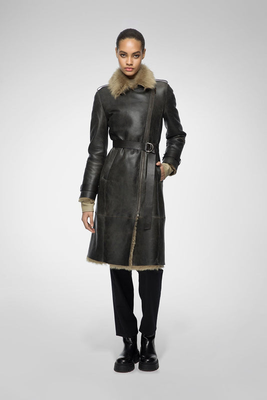 Women's Sheepskin Fur Leather Coat In Coffee Brown