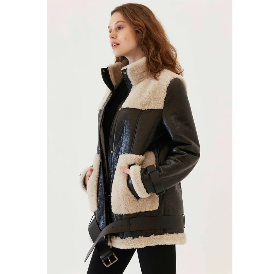 Women's Sheepskin Fur  Leather Coat In Dark Brown