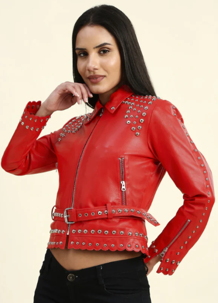 Women's Studded Leather Biker Jacket In Red
