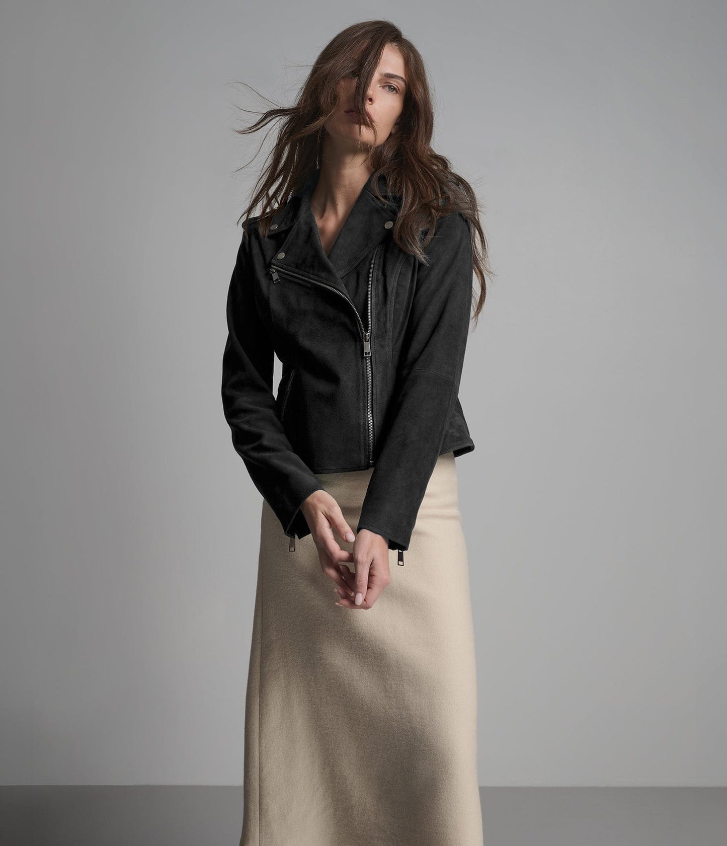 Women's Suede Biker Leather Jacket In Black - Arcane Fox