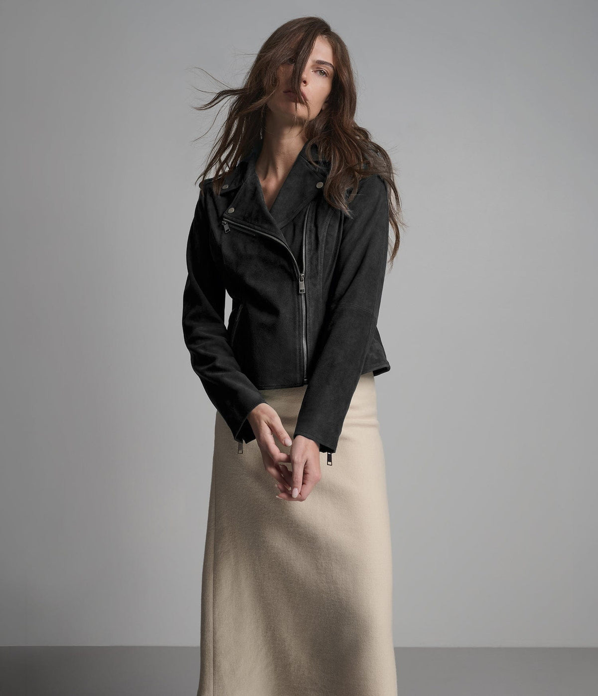 Women's Suede Biker Leather Jacket In Black - Arcane Fox