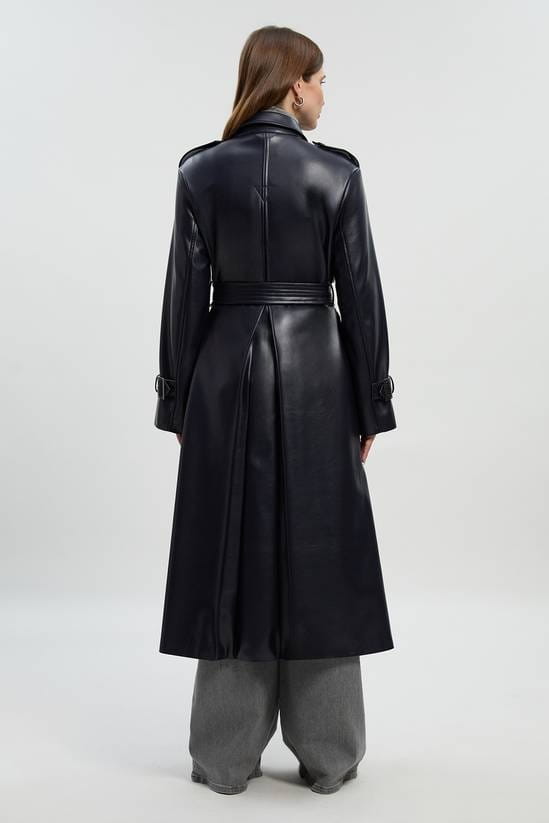 Women's Trench Black Leather Coat With Belted Waist - Arcane Fox