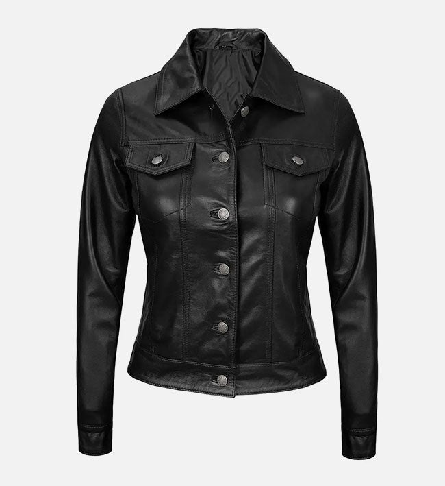 Women's Trucker Black Lambskin Leather Jacket - Arcane Fox