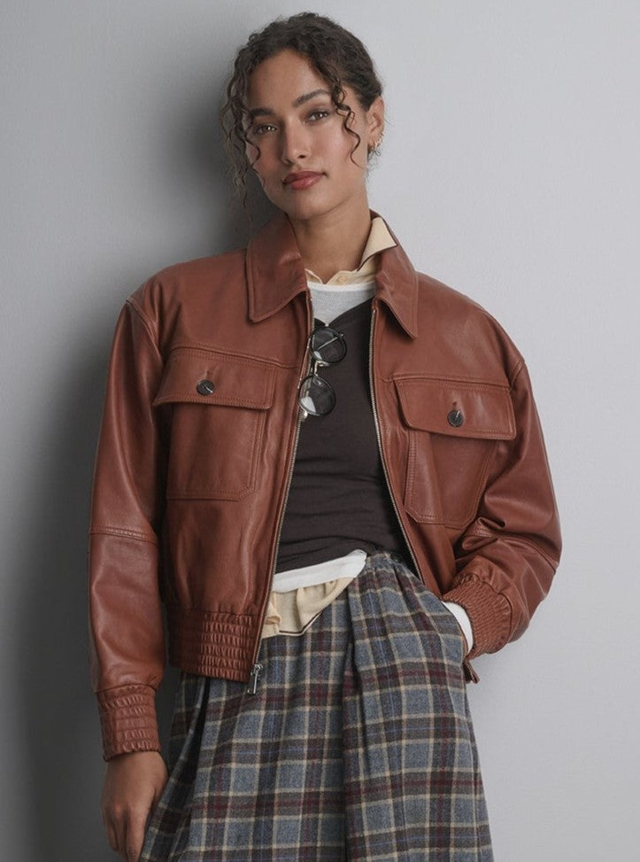 Women's Trucker Bomber Leather Jacket In Brown - Arcane Fox