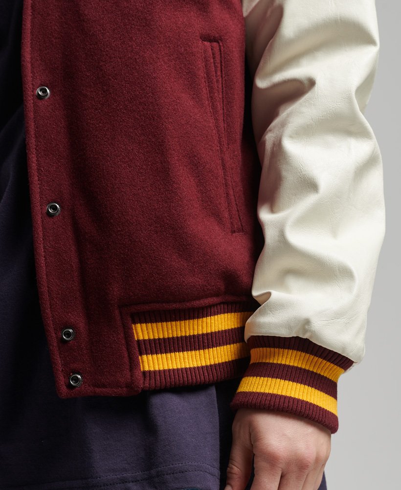 Women's Varsity Bomber Leather Jacket In Maroon & White Sleeves