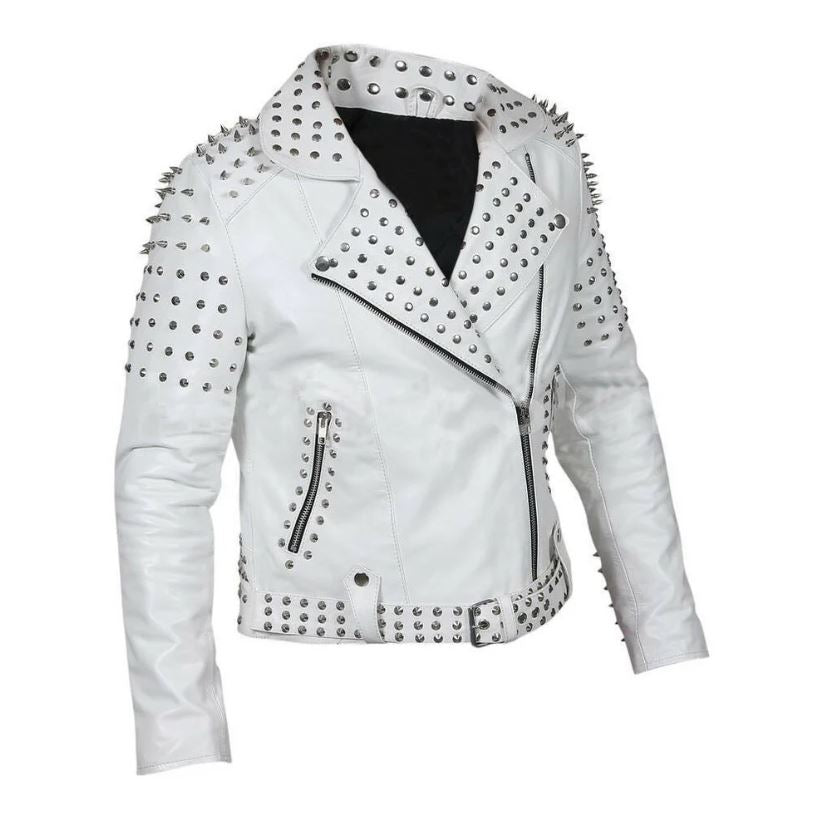 Women's White Belted Studded Leather Jacket