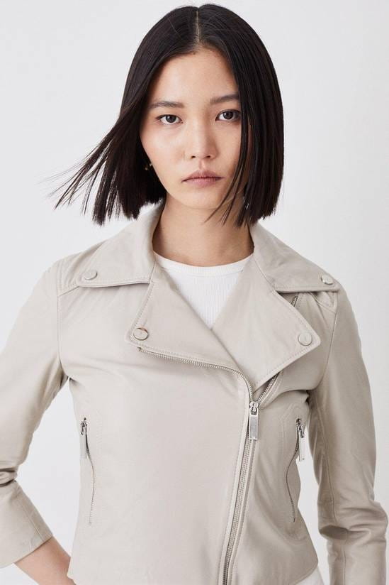 Women's White Biker Leather Jacket With 3/4 Sleeves - Arcane Fox