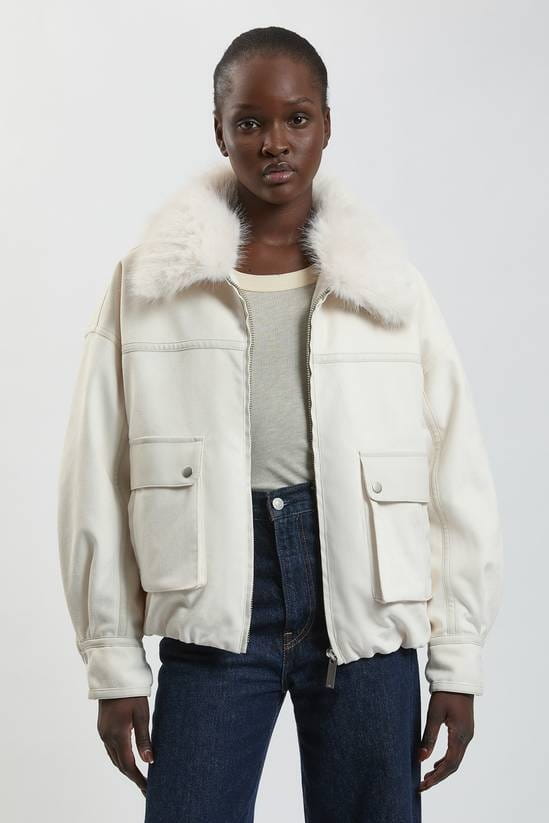 Women's White Harrington Leather Jacket With Shearling Collar - Arcane Fox