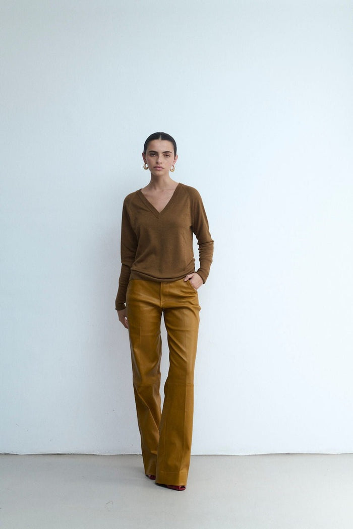 Women's Wide Leg Brown Biker Leather Pant
