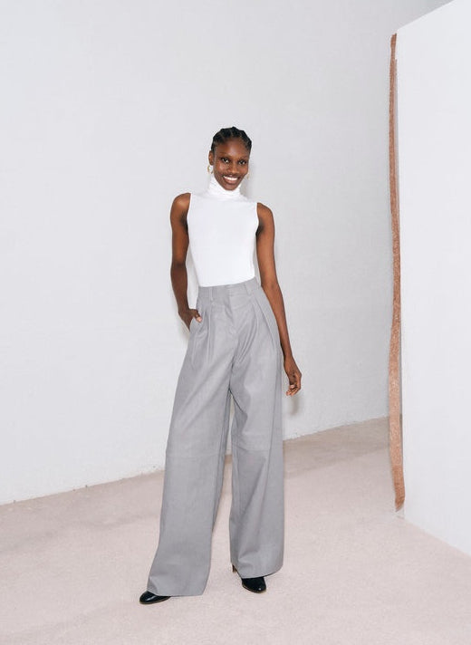 Women's Wide Leg Gray Leather Pant