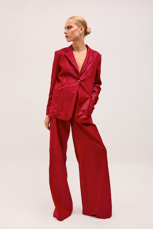 Women's Wide Leg Red Leather Pant