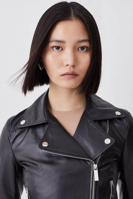Women's 3/4 Sleeves Biker Leather Jacket In Black - Arcane Fox
