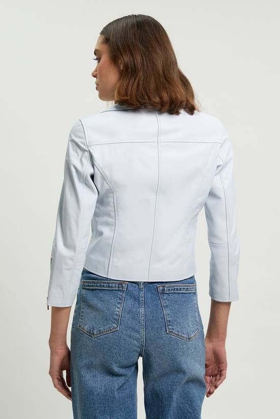 Women's 3/4 Sleeves Leather Biker Jacket In Pale Blue
