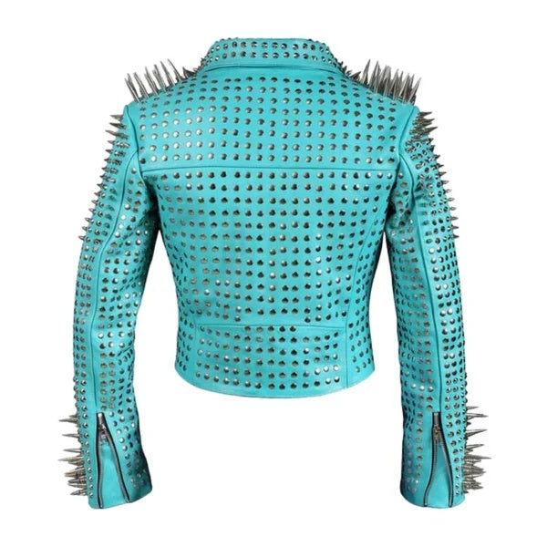 Women's Aqua Studded Biker Leather Jacket