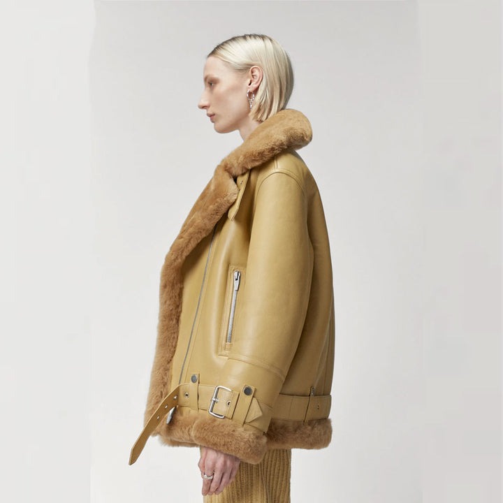 Arcane Fox - Women's Aviator Sheepskin Fur Leather Jacket In Tan Brown