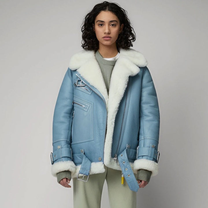 Arcane Fox - Women's B3 Shearling Fur Leather Jacket In Sky Blue