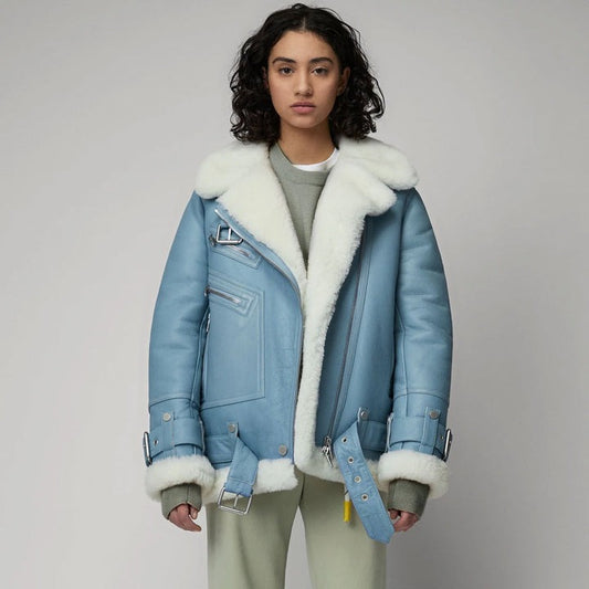 Arcane Fox - Women's B3 Shearling Fur Leather Jacket In Sky Blue