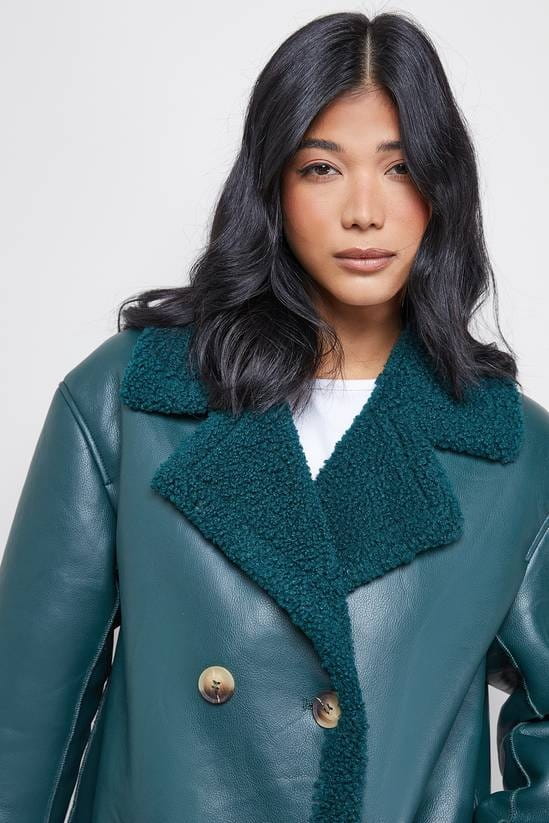 Women's B7 Shearling Trench Leather Coat In Deep Sea Green - Arcane Fox