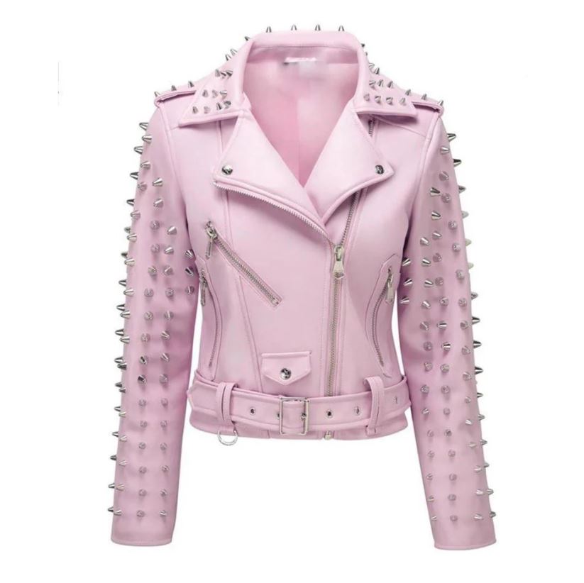 Women's Baby Pink Studded Leather Jacket