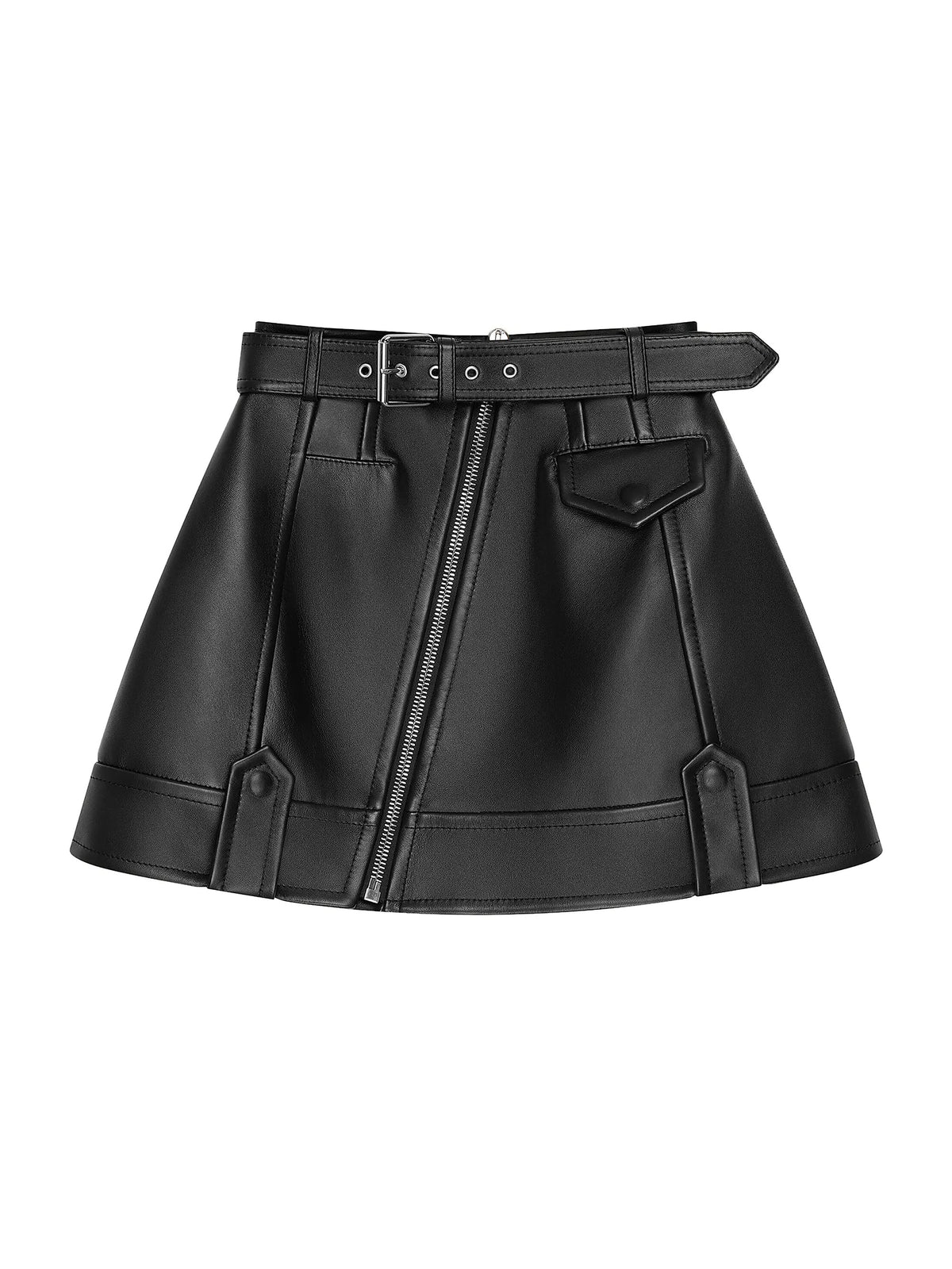 Women's Belted Black Leather Skirt