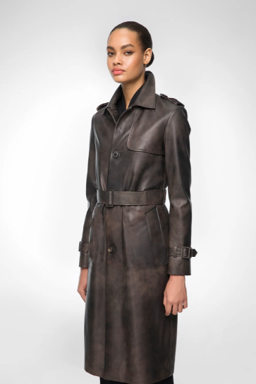 Women's Belted Leather Coat In Coffee Brown