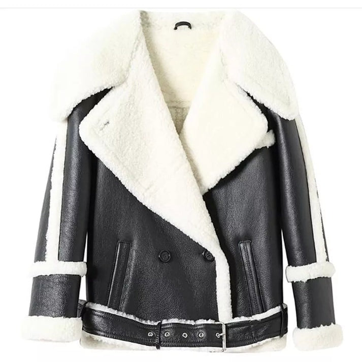Arcane Fox - Women's Belted Sheepskin Leather Jacket In Black