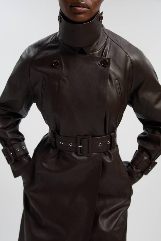 Women's Belted Trench Leather Coat In Chocolate Brown - Arcane Fox