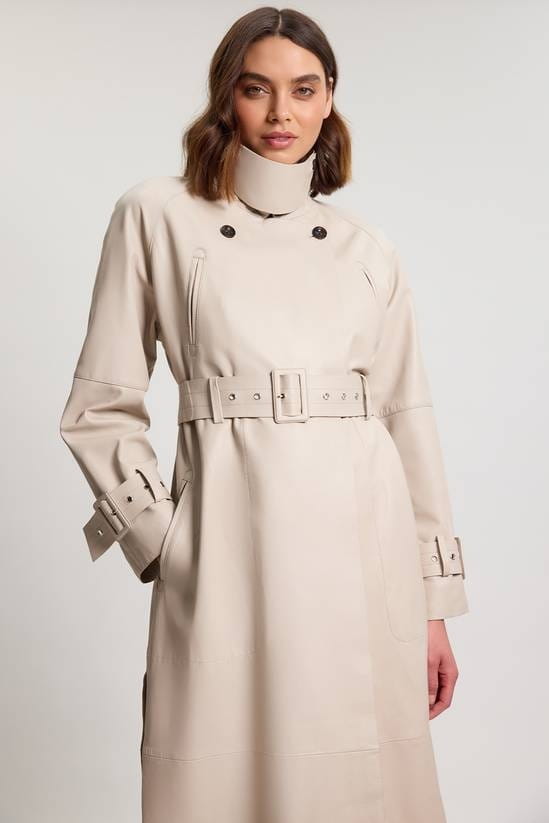 Women's Belted Trench Off White Leather Coat - Arcane Fox