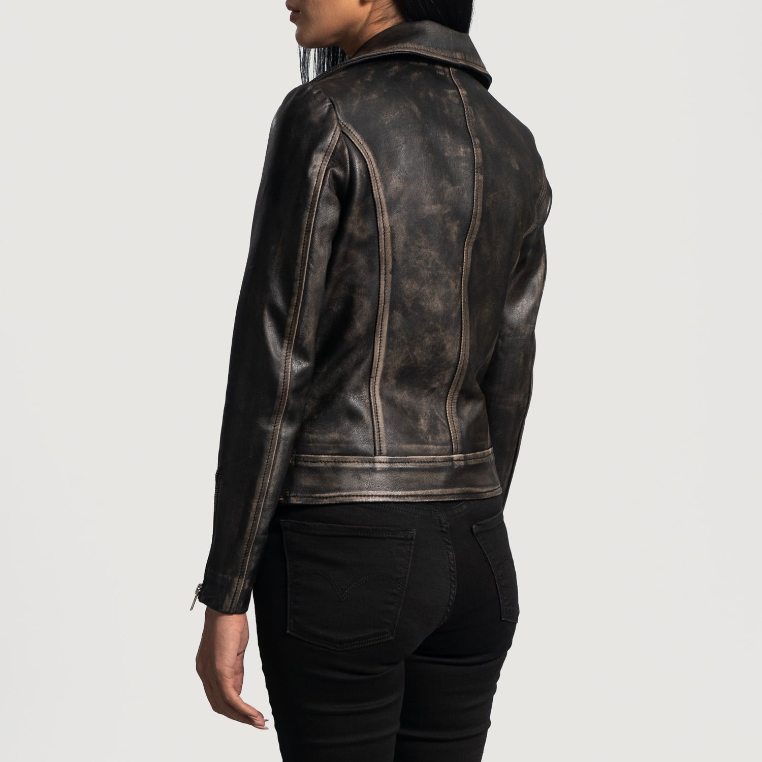 Women's Biker Distressed Leather Jacket In Black