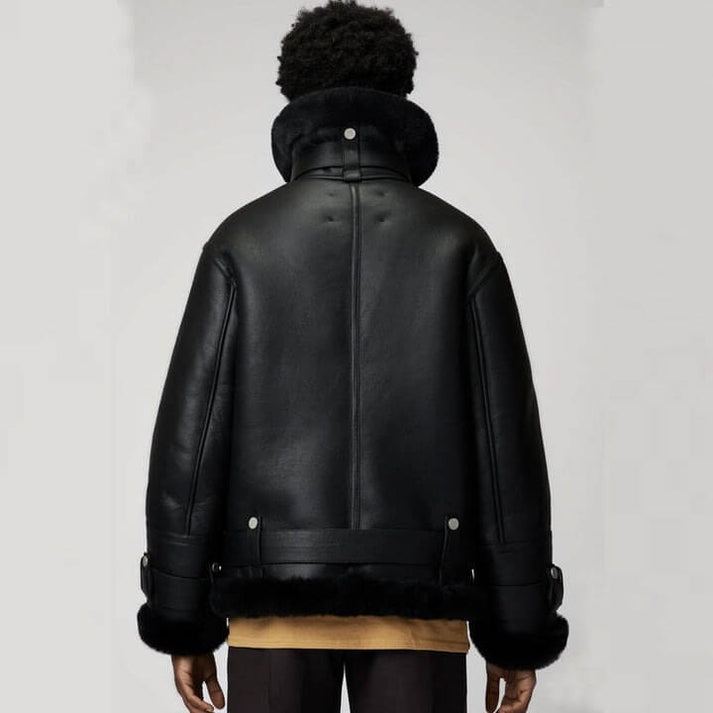 Women's Black B7 Fur Leather Jacket With Belted Waist