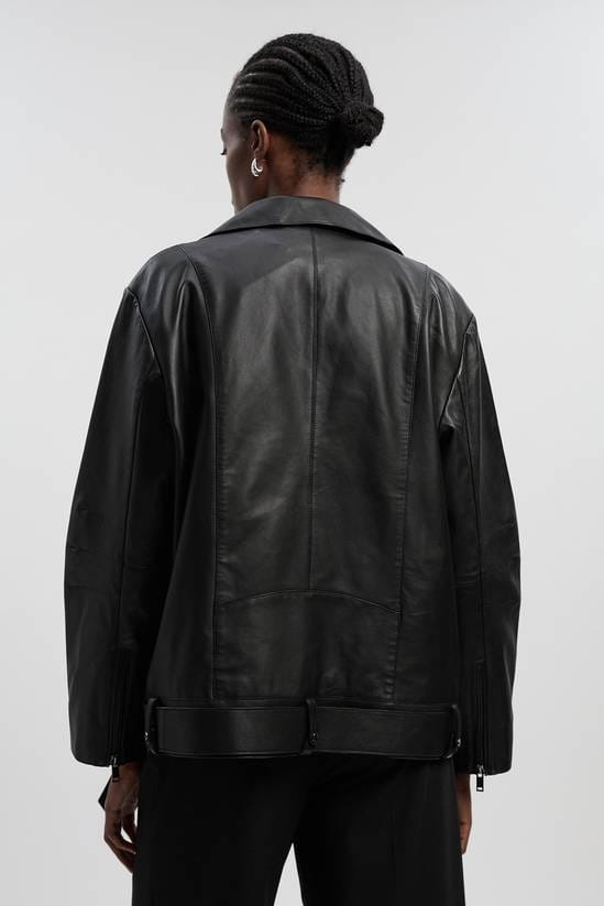 Women's Black Belted Motorcycle Leather Jacket - Arcane Fox