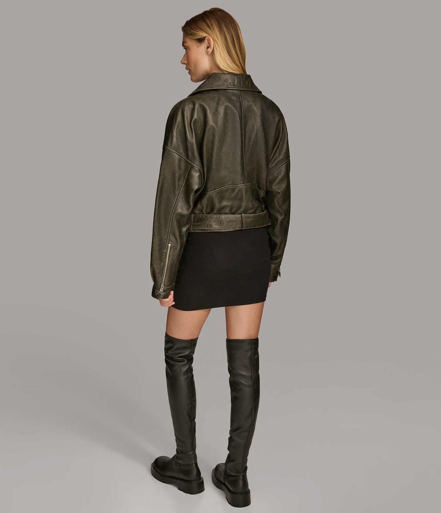 Women's Black Belted Oversized Biker Leather Jacket - Arcane Fox