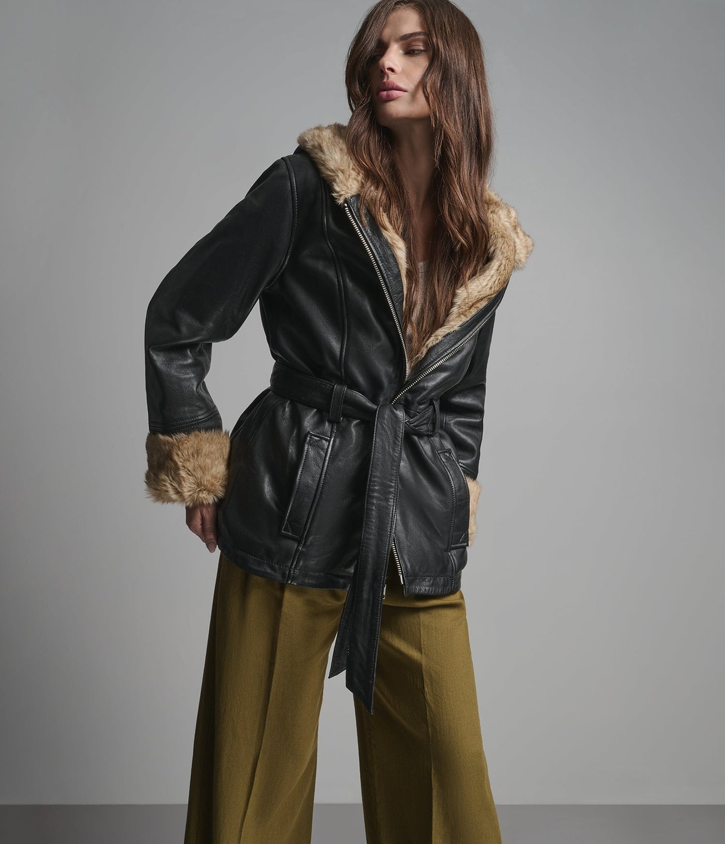 Women's Black Belted Shearling Leather Jacket With Hood - Arcane Fox