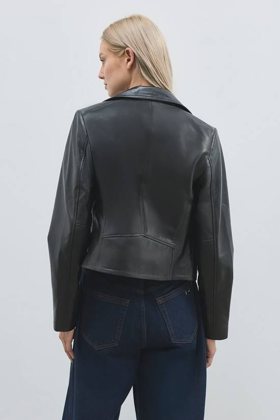 Women's Black Cafe Racer Leather Jacket - Arcane Fox