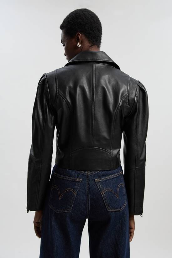 Women's Black Cropped Biker Leather Jacket - Arcane Fox