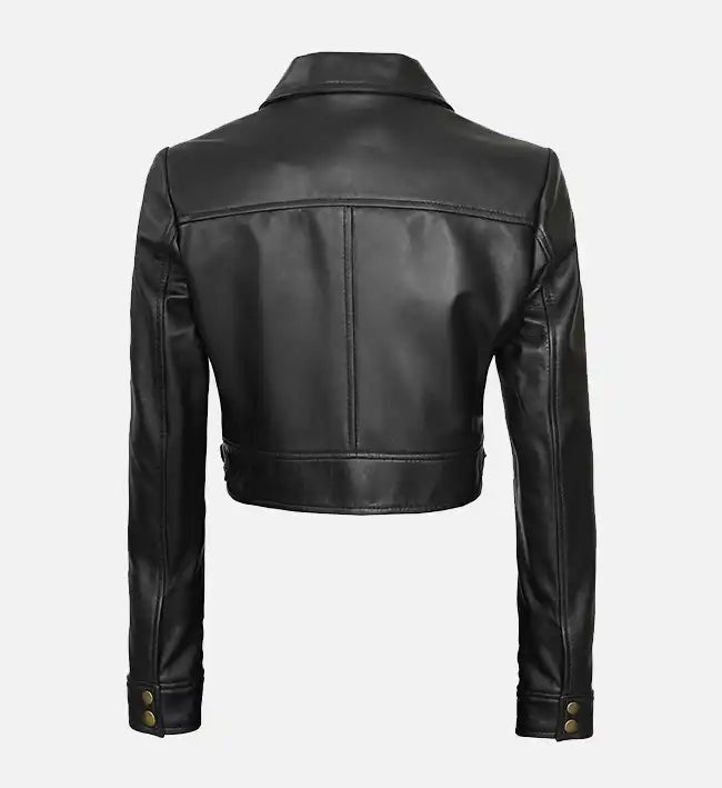 Women's Black Cropped Trucker Leather Jacket