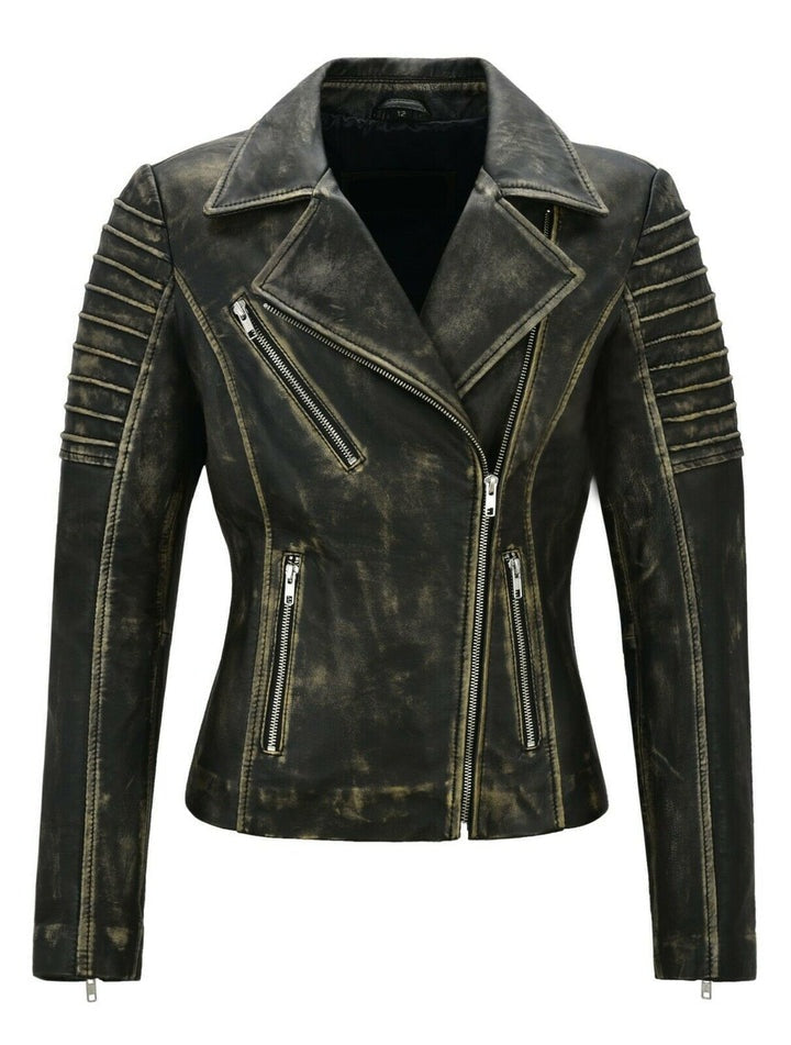 Women's Black Distressed Leather Biker Jacket