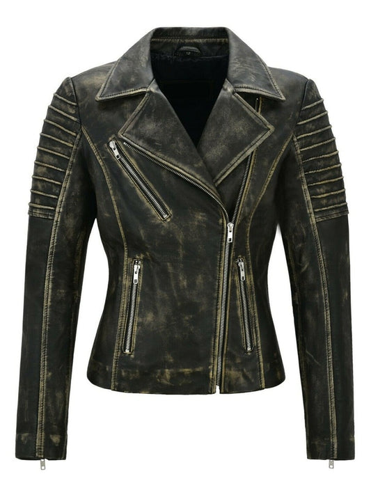 Women's Black Distressed Leather Biker Jacket