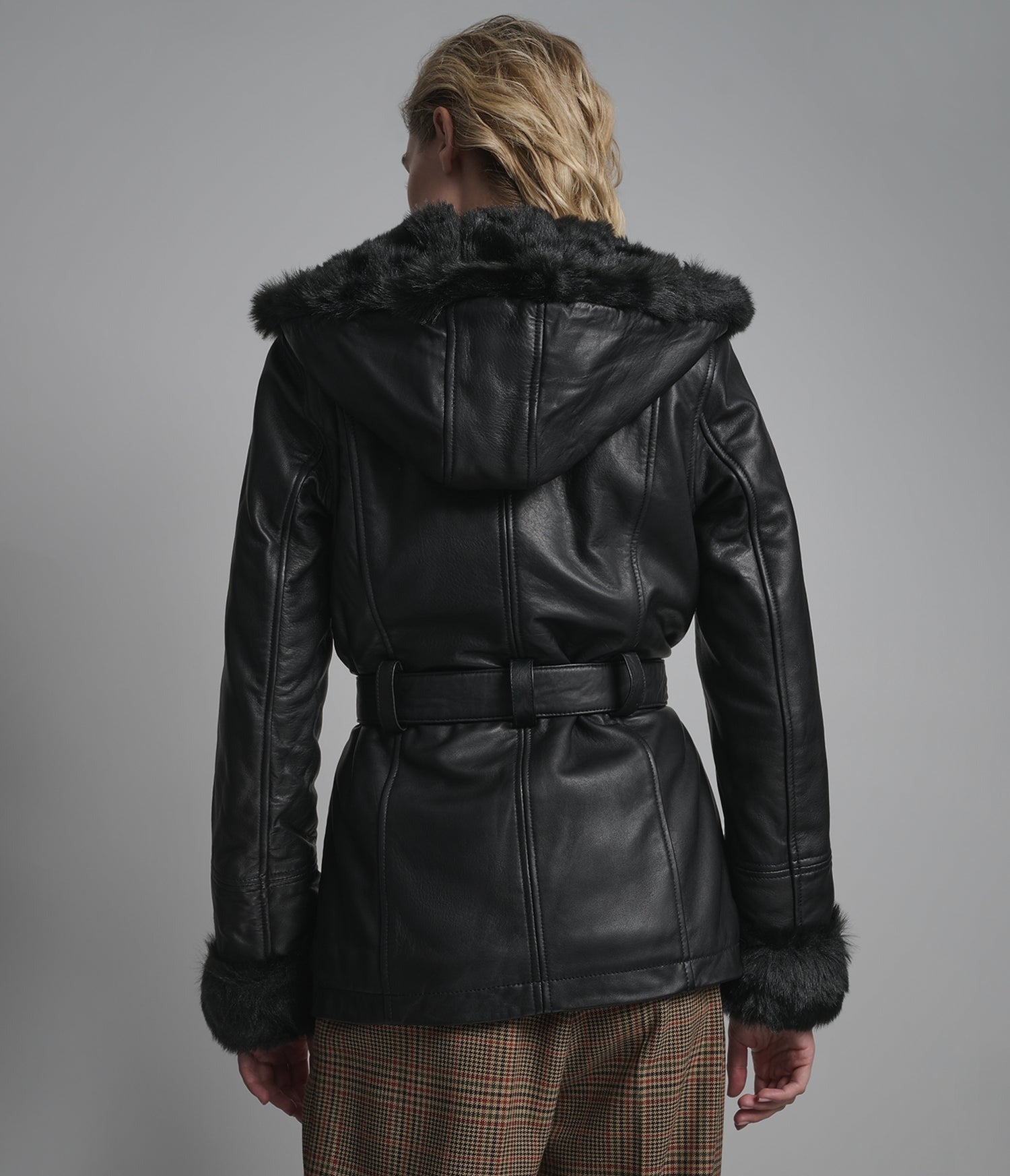 Women's Black Hooded Shearling Leather Jacket With Belted Waist - Arcane Fox 