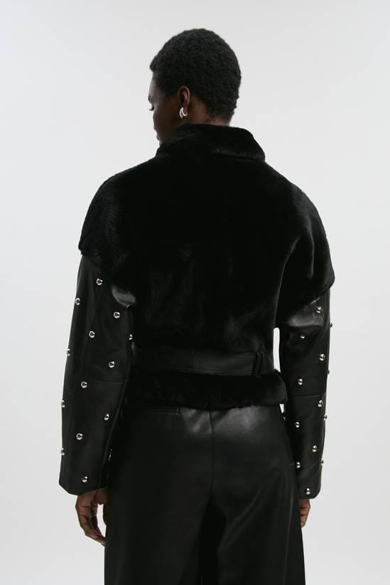 Women's Black Shearling Studded Leather Jacket With Belted Waist - Arcane Fox