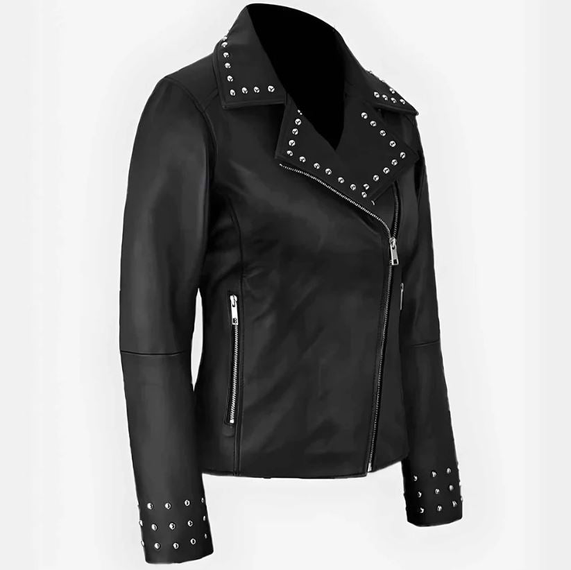 Women's Black Biker Leather Studded Jacket