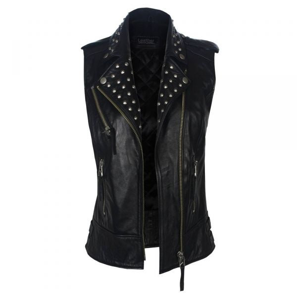 Women's Black Studded Biker Leather Vest