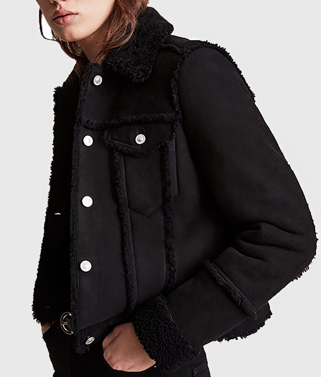 Women's Black Suede Trucker Leather Jacket