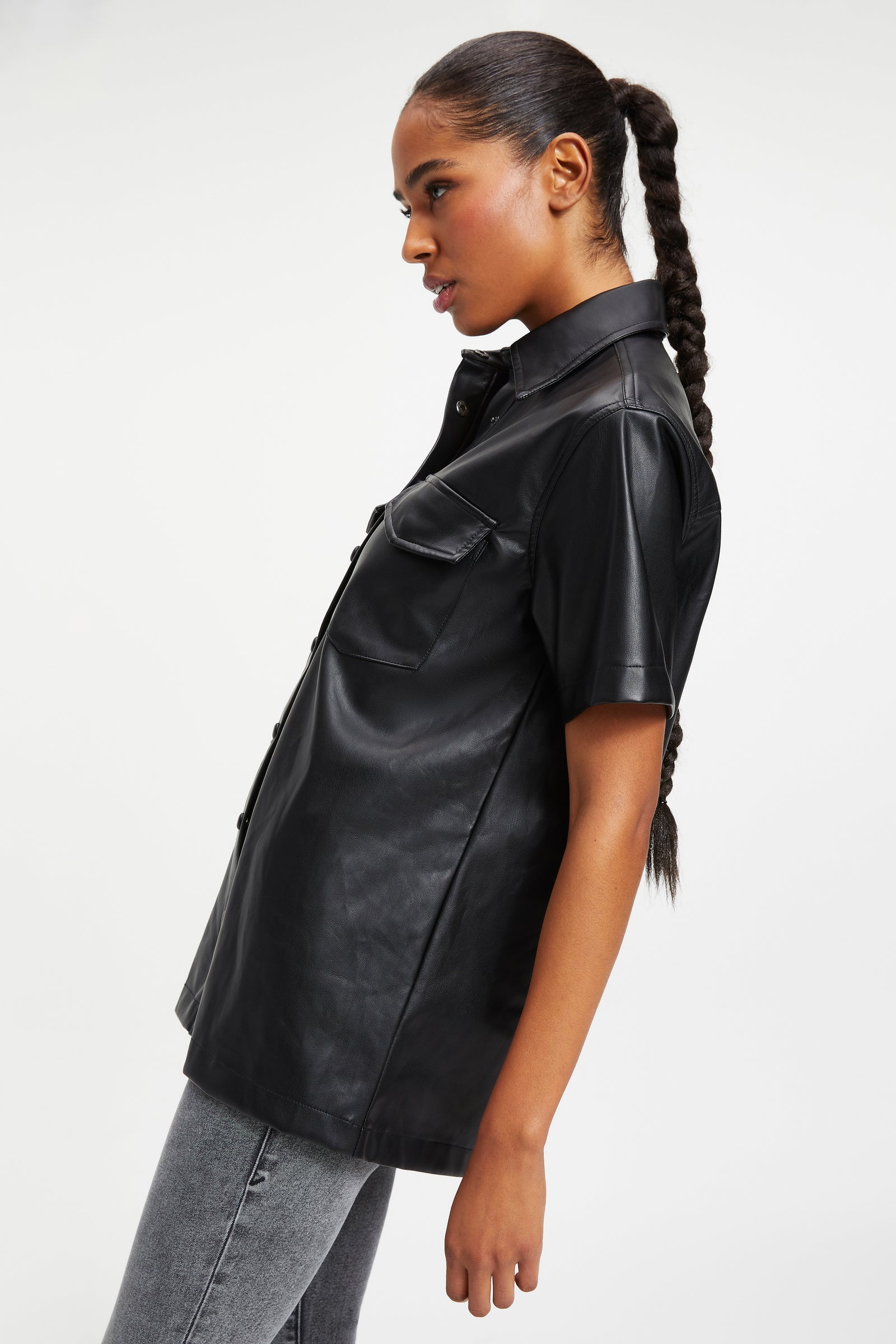 Women's Black Trucker Leather Shirt In Half Sleeve