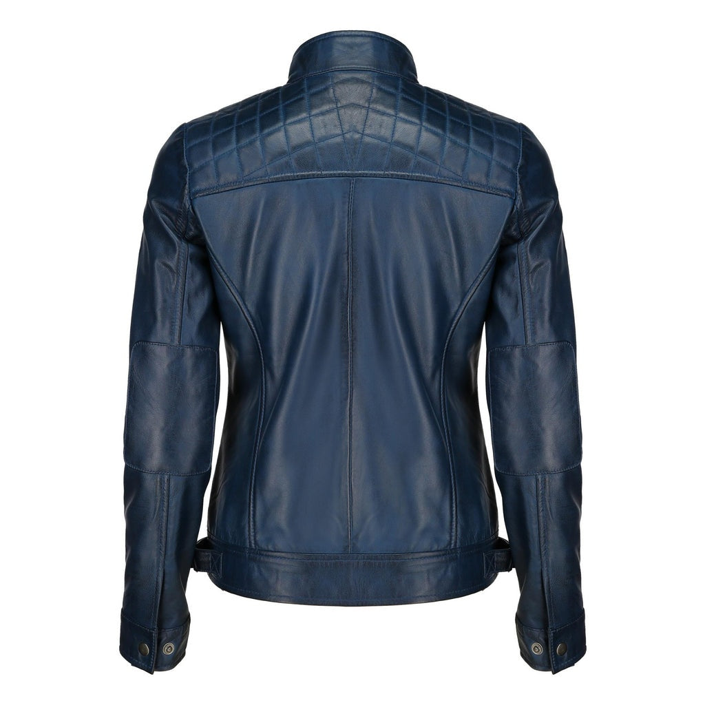 Women's Blue Cafe Racer Distressed Leather Jacket